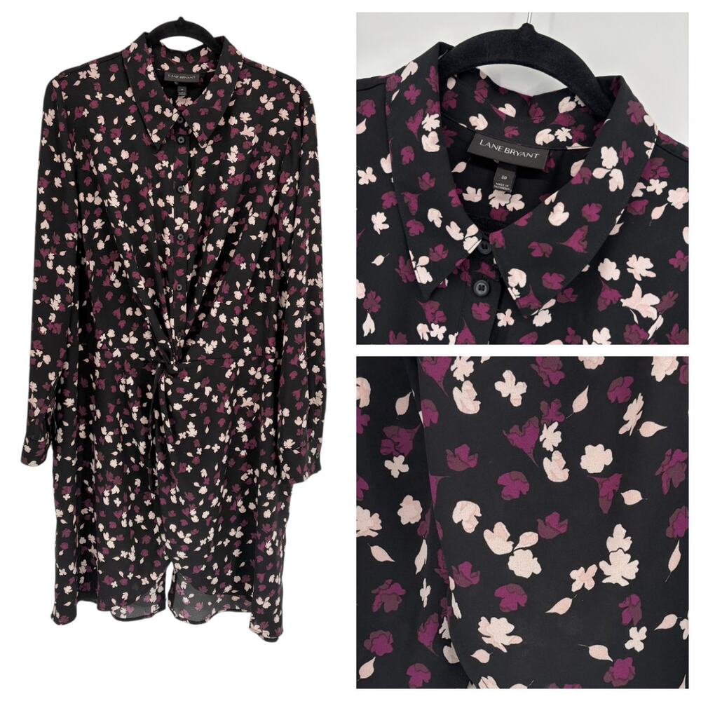 Lane Bryant Dress‎ 20 Plus Size Floral Long Sleeve Button Twist Front Black EUC